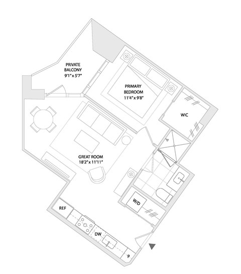 Floor plan for 1 bed, 1 bath, 649 sqft